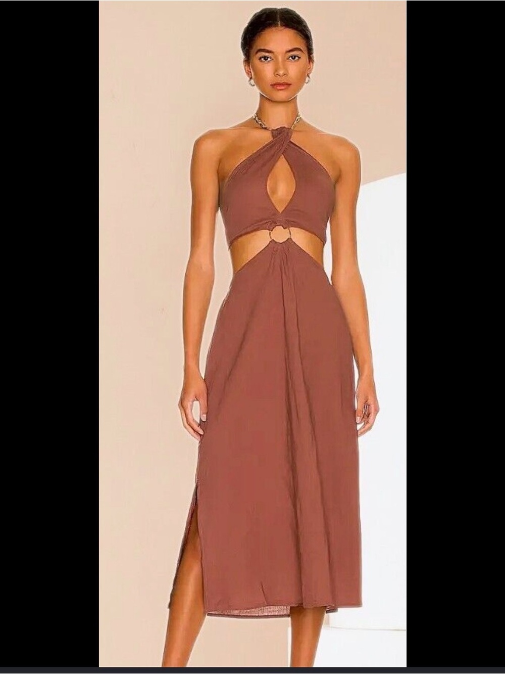 WeWoreWhat Rust Brown Halter Cutout Midi Dress Medium